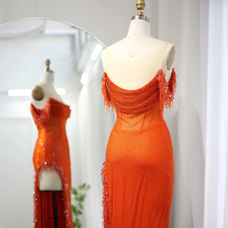 Luxury Crystal Dubai Sage Green Evening Dresses: Orange Arabic High Slit Prom Dress for Women's Wedding Party Elegance