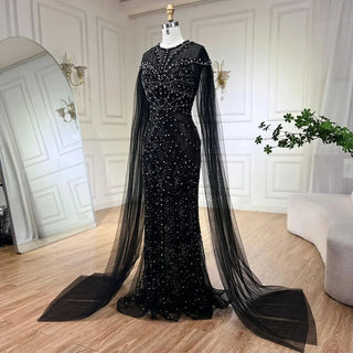 2024 Dubai Arabic Black Mermaid Elegant Cape Sleeves Beaded Luxury Evening Dresses Gown Women Wedding Party