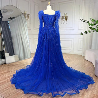 Luxury Dubai A-Line Blue Evening Dress with Cape Sleeves - Feathers Beaded Gown for Women's Wedding Party (2024)