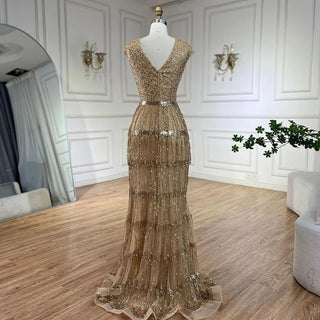 Ships in 1 to 3 Days - Luxury Dubai Arabic Mermaid Gold Elegant Tassel Beaded Evening Dresses Gowns for Women's Wedding Party 2024