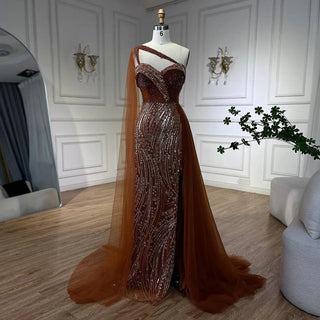 2024 Green One Shoulder Mermaid Evening Dress with Cape Overskirt: Perfect for Women's Wedding Party and Long Prom Formal Events