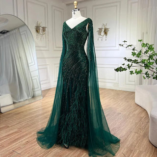 Midnight Majesty: 2024 Black Mermaid Evening Gown with Cape Sleeves and High Split - Luxury Beaded Feathers Dress for Women's Party