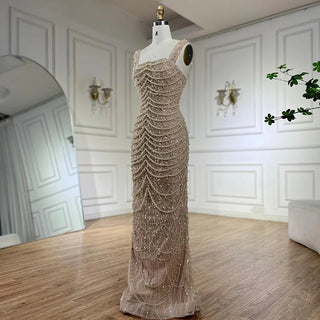 Arabic Nude Spaghetti Strap Mermaid Pearls Beaded Evening Gown for Women | Wedding Party 2025