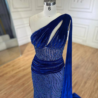 Blue Mermaid One Shoulder Elegant Cap Sleeve Beaded Luxury Evening Dresses: Gowns for Women's Party 2024