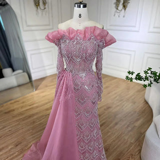 Elegant Arabic Peach Mermaid Evening Gown with Pearl and Beaded Detailing