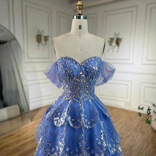 Ships in 1 to 3 Days - Dubai Arabic Blue A-Line Luxury Beaded Bling Evening Dress: 2024 For Women's Wedding Party