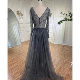 Ships in 1 to 3 Days - Sapphire Serenity: Elegant Beaded V-Neck Mermaid Gown in Blue Grey Party 2024