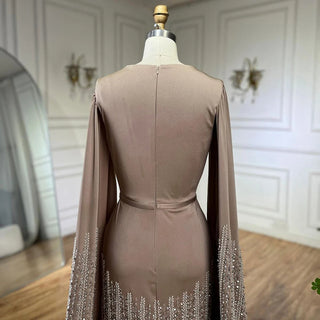 Arabic Caramel Mermaid Elegant Cape Sleeves Beaded Satin Luxury Evening Dresses Gowns for Women Party 2024