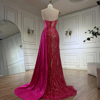 2024 Arabic Gold Strapless Satin Mermaid Beaded Luxury Dubai Evening Gown with Side Skirt for Women's Party