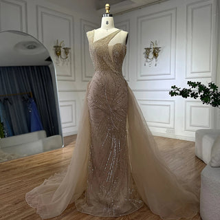 Ships in 1 to 3 Days - 2024 Nude Saudi Arabic Evening Gown - Beaded Tassel Dress for Formal Occasions