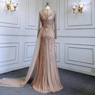 2024 Muslim Gold Mermaid Evening Gown: Elegant Beaded Luxury with Dubai-Inspired Design for Women's Wedding Parties