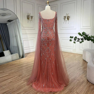 Ships in 1 to 3 Days - Saudi Arabian Elegance: Nude Pink Dubai Evening Dresses with Cape Sleeves and Square Collar (2024)