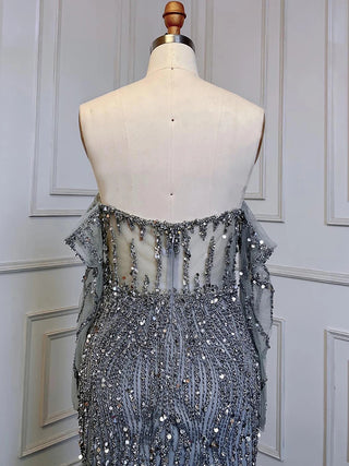 Grey Mermaid Spaghetti Strap Evening Gown: Luxury Beaded Elegance for Weddings and Parties 2024