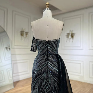 2024 Arabic Blue One-Shoulder Luxury Dubai Evening Gown with Side Overskirt Beaded Dress for Women's Party