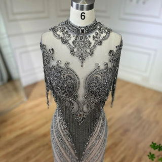 Dubai Luxury High-End Evening Dress 2024 - Champagne Grey with Beaded Tassel Detailing, Formal Attire