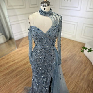 Ships in 1 to 3 Days - Arabic Blue Mermaid Evening Dress with High Split and Beading - Women's Wedding Party Gown (2024)