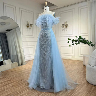 Dubai Blue Elegance: 2024 Luxury Beaded Mermaid Evening Gown with Elegant Overskirt - Dress for Women's Wedding Party