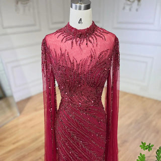 Ships in 1 to 3 Days - 2024 Nude Cape Sleeves Mermaid Lace Beaded Luxury Dubai Long Evening Dress - Perfect for Women's Wedding Parties