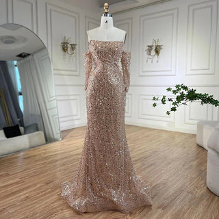 Ships in 1 to 3 Days - 2024 Arabia Orange Mermaid Strapless Luxury Beaded Crystal Evening Dress - Gown for Women's Wedding Party