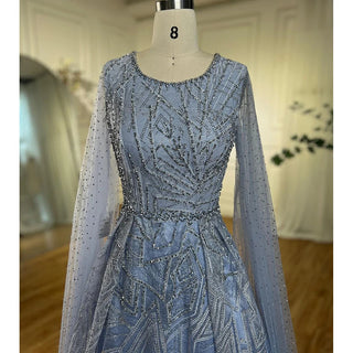 Blue Muslim A-Line Evening Dress 2024 with Cape Sleeves, Beaded Luxury - Ideal for Women's Wedding Party