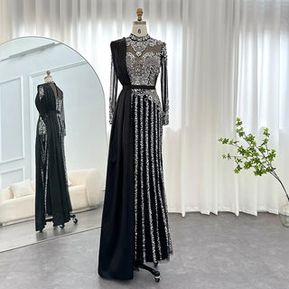 Luxury Crystal Dubai Muslim Evening Dress with Overskirt: Gray Arabic Formal Dresses for Women at Wedding Parties