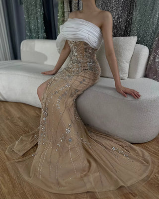 Nude One-Shoulder Split Saudi Arabic Evening Gown Beaded Dress for Formal Occasion