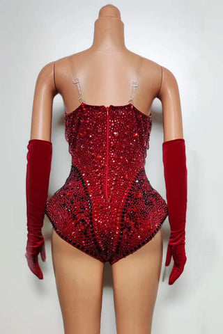 Dazzling Red Bejeweled Bodysuit with Matching Hat and Gloves