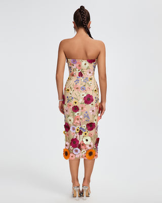 Ships in 1 to 3 Days - Strapless Sheer Midi Dress with Intricate Floral Embroidery