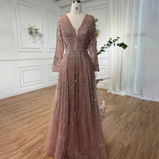 Gold A-Line Luxury Sexy Evening Dress 2024 - Pearls Crystal Long Sleeves Formal Gown