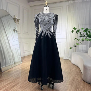 Luxury Black Short Muslim Evening Dress: 2024 Elegant A-Line Arabic Women's Party Prom Formal Dresses with Long Sleeves