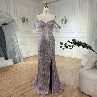 Ships in 1 to 3 Days - 2024 Silver Nude Off-Shoulder Mermaid Elegant Beaded Tassel Evening Dresses Gown for Women Wedding Party