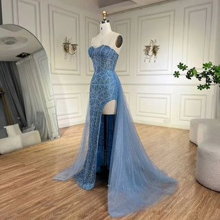 Ships in 1 to 3 Days - Arabic Turquoise Strapless High-Split Mermaid Beaded Luxury Evening Gown for Women Wedding Party 2024