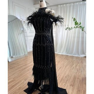 Gray Beaded Arabic Midi Ankle-Length Evening Dress with Cape Feather Gown: Elegant Attire for Women's Wedding Party 2024