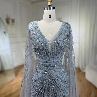 Ships in 1 to 3 Days - Arabic Silver Mermaid Cape Sleeves Beaded Evening Dress Luxury Gown 2024 for Women Wedding Party