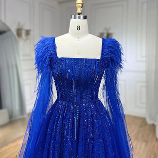 Luxury Dubai A-Line Blue Evening Dress with Cape Sleeves - Feathers Beaded Gown for Women's Wedding Party (2024)