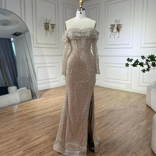 Ships in 1 to 3 Days - Arabic Nude Mermaid One-Shoulder Beaded Luxury Dubai Evening Dress - Gown for Women's Wedding Party 2024