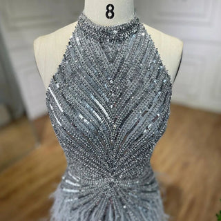 Ships in 1 to 3 Days - Dubai Halter Beige Feathers Beaded Formal Luxury Mermaid Evening Dress for Women Wedding Party 2024