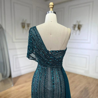 2024 Green Mermaid High Split One Shoulder Beaded Evening Dress: Gowns for Women's Wedding Party