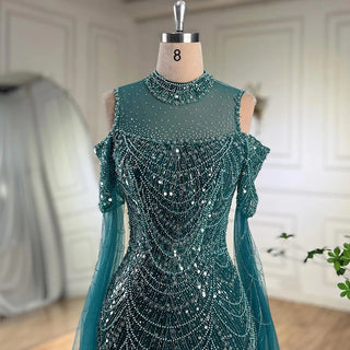 Elegant Arabic Purple Mermaid Evening Dress with Cape Sleeves - Beaded Luxury Gown for Women's Wedding Party 2024