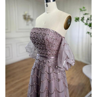 Ships in 1 to 3 Days - Arabic Pink A-Line Strapless Evening Gown: Beaded Long Dress for Women's Wedding Party 2024