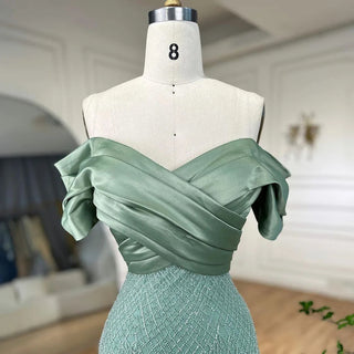 Elegant Off-Shoulder Sage Green Dubai Evening Dresses: Luxury Tassel Accents for Arabic Women's Wedding and Formal Party Gowns (2024)