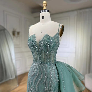 2024 Sky Blue Spaghetti Strap Luxury Evening Dress: Mermaid Beaded Elegant Overskirt for Women's Party