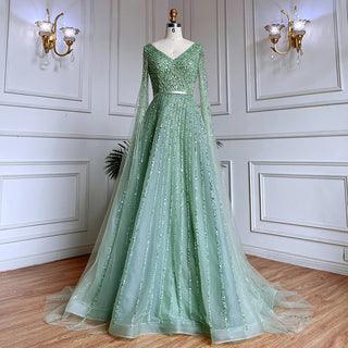 Mint Cape Sleeves A-Line Beaded Luxury Dubai Evening Dress: Long 2024 Celebrity Gown for Women's Party