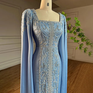 Blue Muslim Elegant Mermaid Evening Dress: Cape Sleeves, Arabic Beaded Gowns for Women's Wedding Party 2024