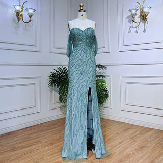 2024 Arabic Blue Mermaid Evening Gown: Sexy High Split with Beaded Elegance - Ideal for Women's Party Glamour