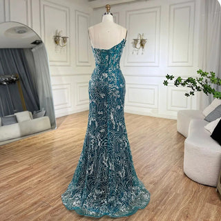 Ships in 1 to 3 Days - Arabic Blue Strapless Yellow High-Split Mermaid Beaded Luxury Evening Gown for Women Wedding Party 2024