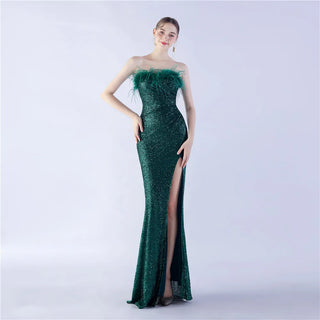 Sexy Mermaid Prom Dress with Pleats, Split, and Feather Accents - Evening Gown