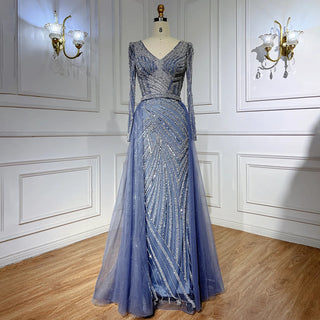 Ships in 1 to 3 Days - Sapphire Serenity: Elegant Beaded V-Neck Mermaid Gown in Blue Grey Party 2024