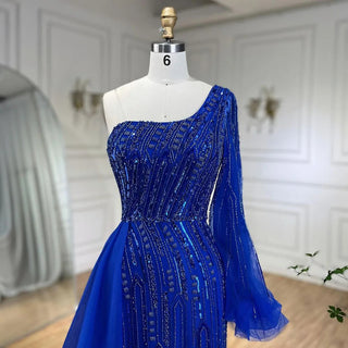 Arabic Blue Mermaid Evening Gown with Beaded Overskirt - Luxury Dress for Women's Wedding Party 2024