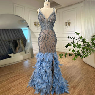 Ships in 1 to 3 Days - Pink Mermaid Evening Dress 2024 with Sexy High Split, V-Neck, Feather Beaded Luxury - Ideal for Women's Wedding Party